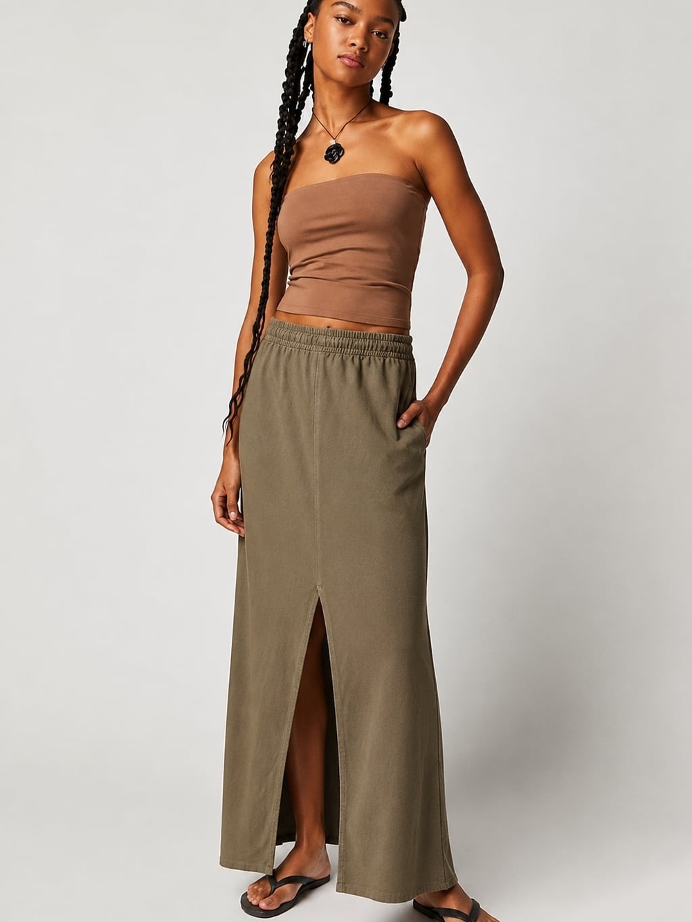 Commense Olive Maxi Skirt with Front Center Slit Quiet Luxury Rich Girl